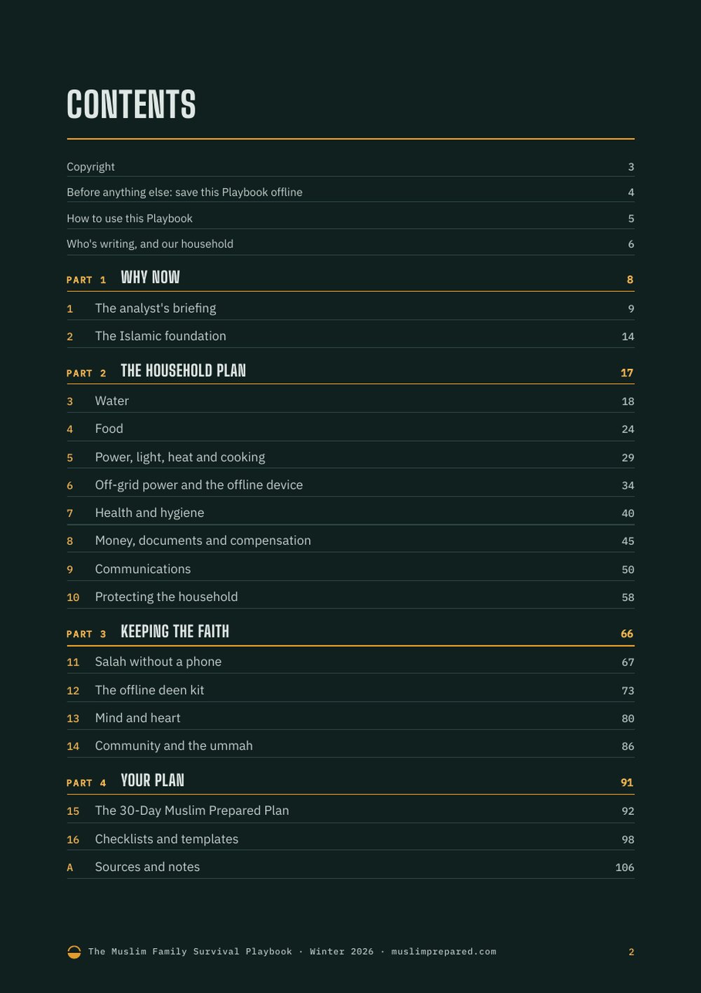 Contents page listing 16 chapters in four parts