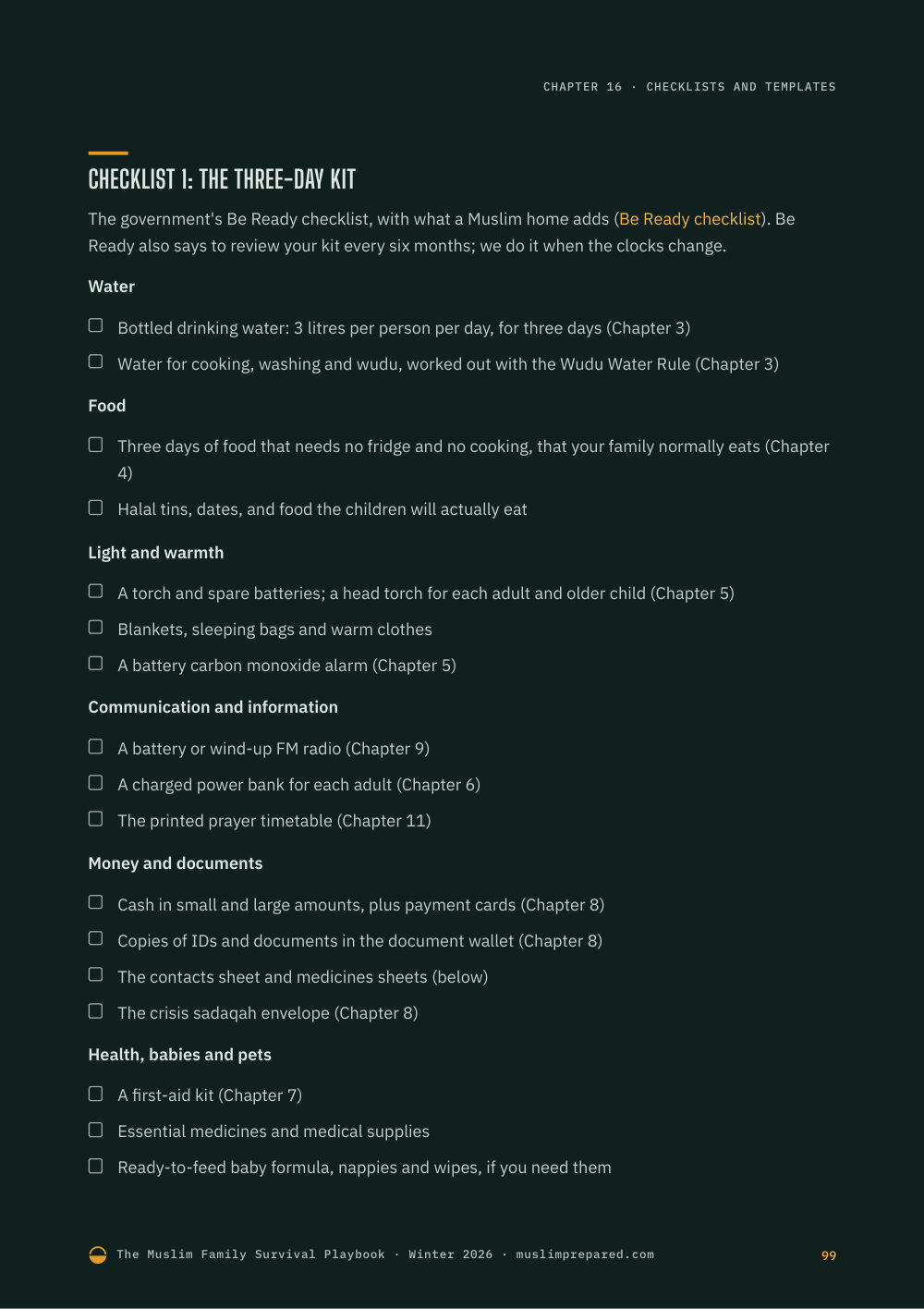 Checklist 1: the three-day kit, one of the printable checklists in chapter 16
